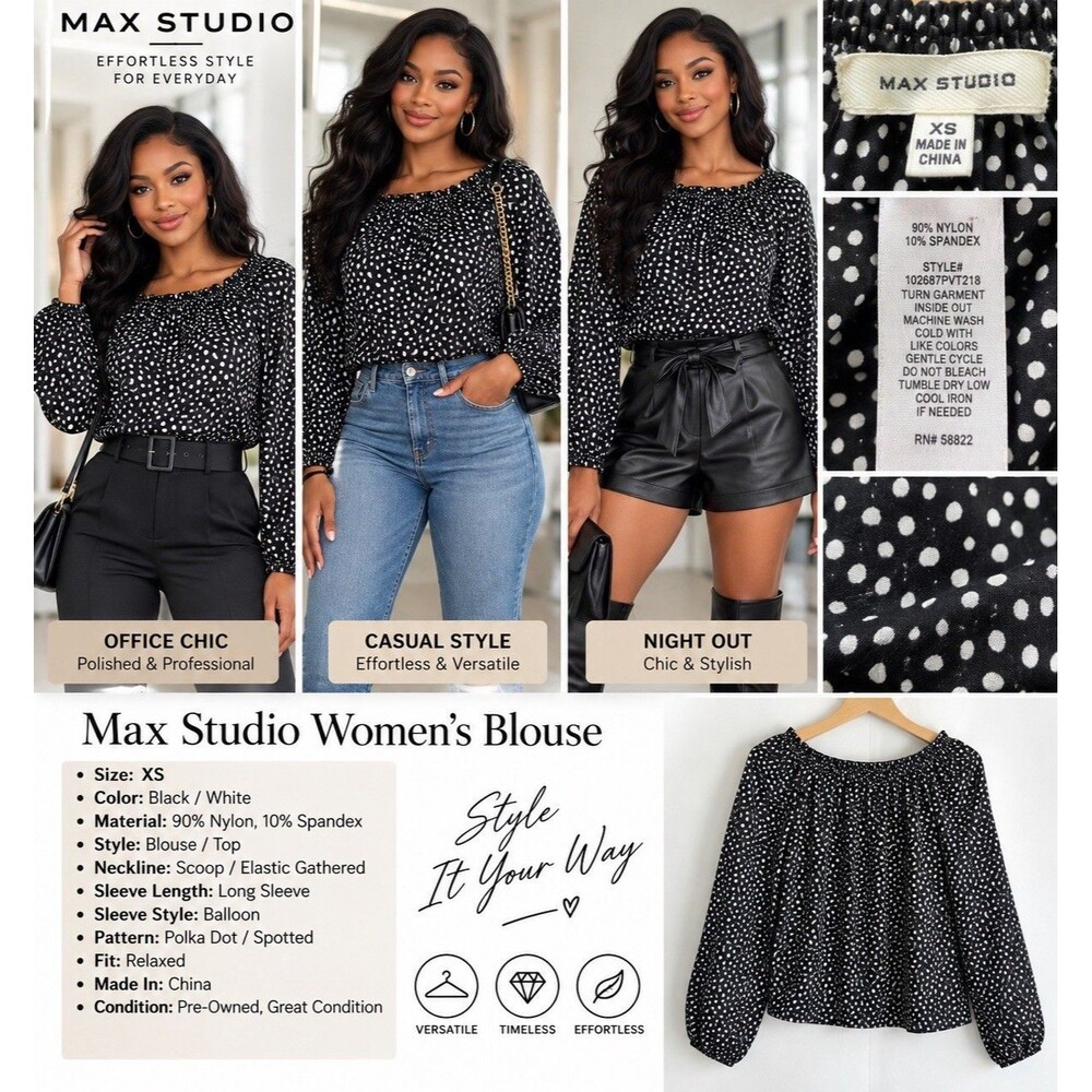 Max Studio Top SZ XS Black And White Polka Dots Off Shoulder Puffy Short Sleeve